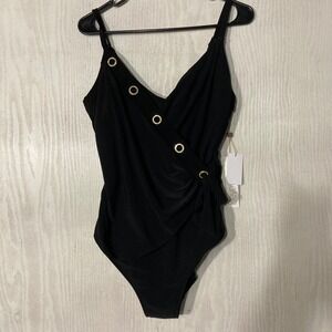 Beyond One Piece Swimsuit Women 14 Black NWT Grommet Wrap Front Tie Comfort Fit